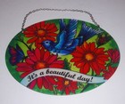 Stained Glass Floral Flowers Bird Butterfly Oval Hanging Suncatcher 9" X 7"