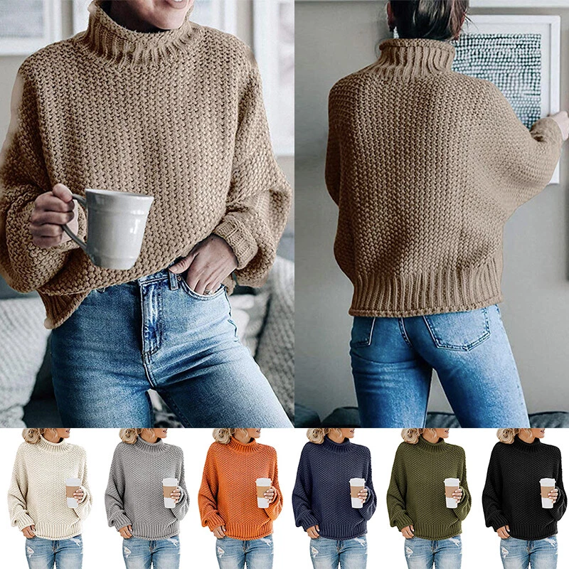 Women Casual Oversize Chunky Knit Pullover Long Sleeve High-Neck Chunky  Sweater~