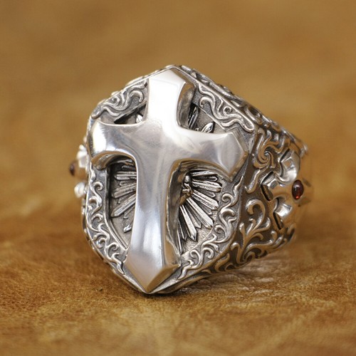 925 Sterling Silver Cross Shield Ring CZ Stone Biker Cross TA471C UK Size P½~Z5 - Picture 13 of 27