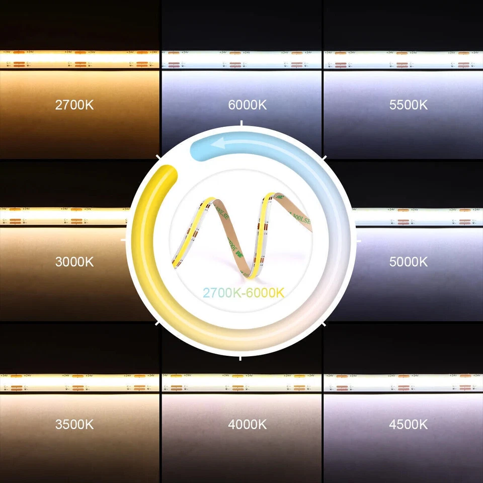 1-5m CCT 2700K-6500K COB LED Strip Light 24V 576LEDs/M Dimmable Ribbon Tape DIY - Image 4 of 4
