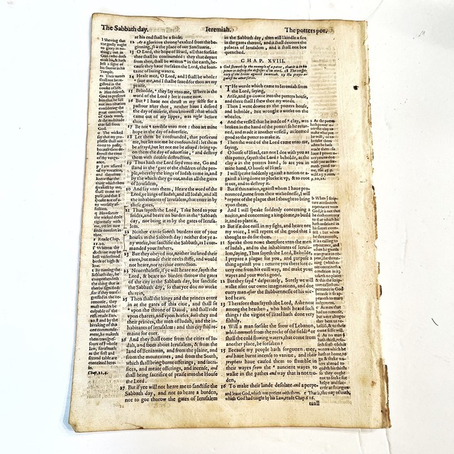 Antique 1597 Geneva Bible Small Folio Leaf - Christian Relic :: Book Of Jeremiah Antique 1597 Geneva Bible Small Folio Leaf - Christian Relic :: Book Of Jeremiah
