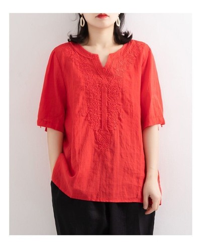 Summer Women Cotton Linen V-neck Embroidered Shirt Loose Shirt Short Sleeved Top - Afbeelding 17 van 28