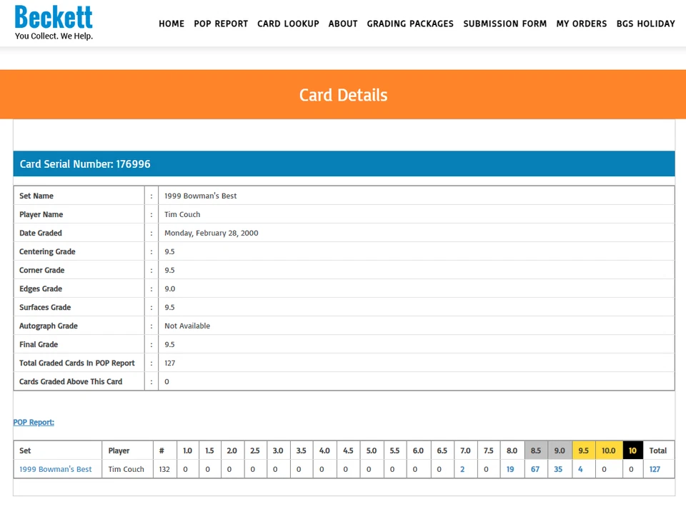 Tim Couch RC BGS 9.5: 1999 Bowman's Best Rookie Card POP 4 out of 127 BGS Graded - Image 3 of 3