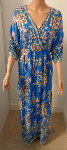 Flying Tomatođź’—Pretty Blue Multi Color Floral Surplice V-Neck Maxi Dressđź’—Sz L - Picture 2 of 5