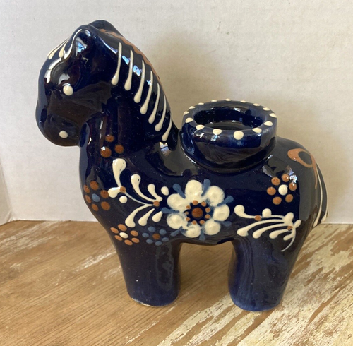 Portavelas votivas de porcelana vintage Dala caballo esmalte marino con diseños de deslizamiento - Imagen 7 de 9