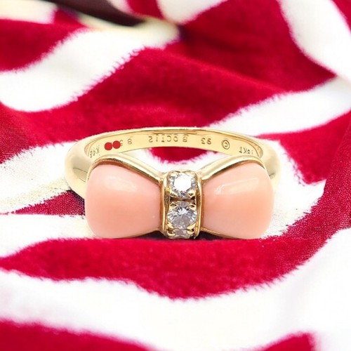 Rare! Authentic Van Cleef & Arpels 18k Yellow Gold Coral Diamond Bow Ring sz 5 - Picture 2 of 9