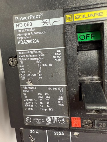 Square D PowerPact HD060 Circuit Breaker HDA260204 Double Pole 2-Pole 20 Amp #2 - Picture 2 of 7