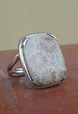 925 SILVER RING Women Solitaire Fossil Coral Seal