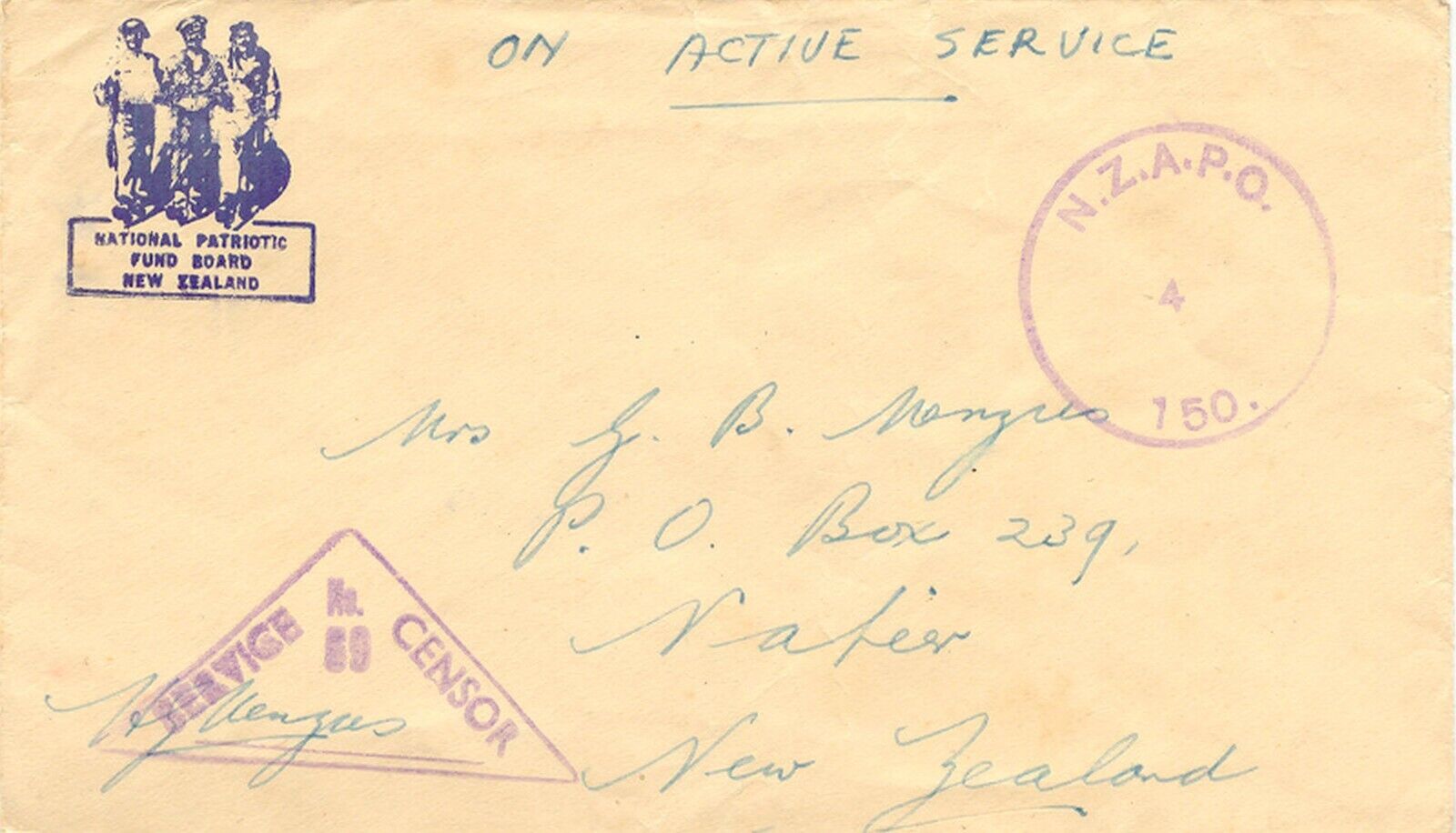 NEW ZEALAND "N.Z.A.P.O. 4 150." viol. CDS + triangle SERVICE No. 69 CENSOR WWII