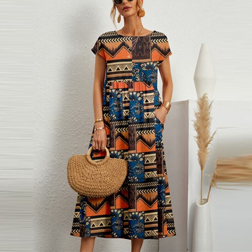 Womens Boho Floral Maxi Dress Ladies Short Sleeve Casual Loose Holiday Sundress - Picture 16 of 37