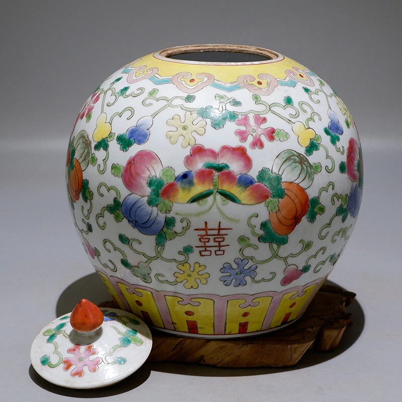 Tarro con tapa de mariposa melón porcelana rosa familia 9,8" China Jingdezhen 喜 Foto 3 de 4