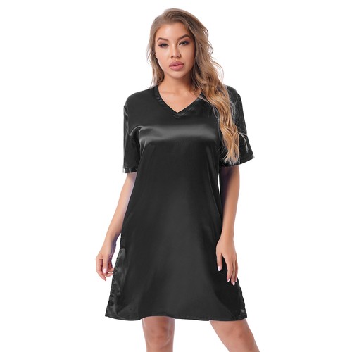Damen Satin Schlafshirts Nachthemd Knopfleiste Seide Pyjama 3/4 Arm Nachtwäsche - Bild 72 von 94