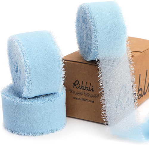 Baby Blue Ribbon 1 Inch x 3 Rolls Total 24 Yards Light Blue Handmade Fringe Chif
