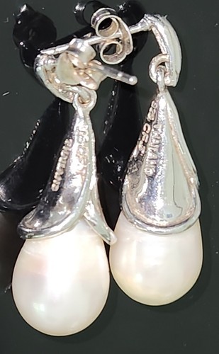SIGNED CFJ TULIP STERLING SILVER TEARDROP PEARL DANGLE EARRINGS MADE THAILAND - Picture 7 of 10