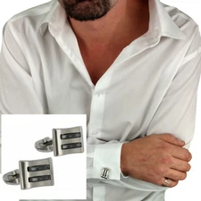 Rochet Cufflinks Lines Black Ceramic Whaleback Stainless Steel 3/4"