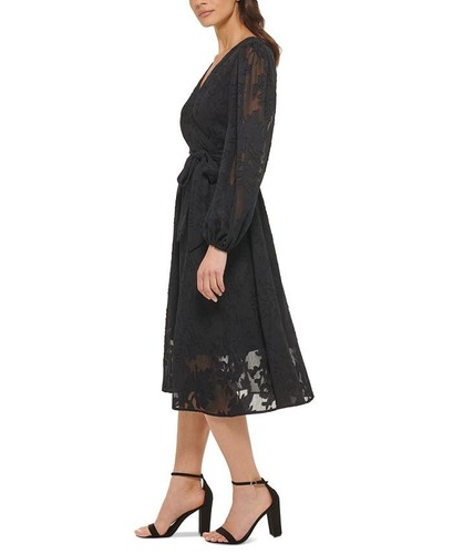 kensie Women's V-Neck Chiffon Faux Wrap Long Sleeves Fit & Flare Dress Black 12 - Picture 2 of 10