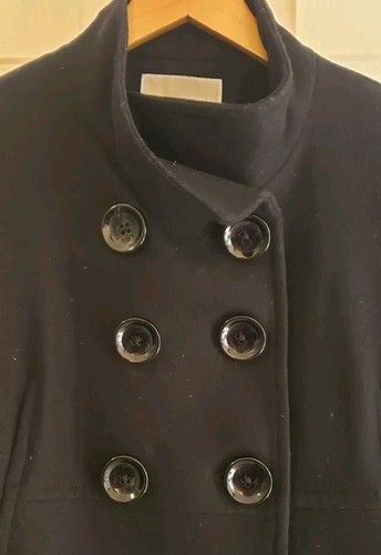 MICHAEL KORS Pea Wool Coat Womens XL Double Breasted Black Jacket Button Pockets - Picture 2 of 9