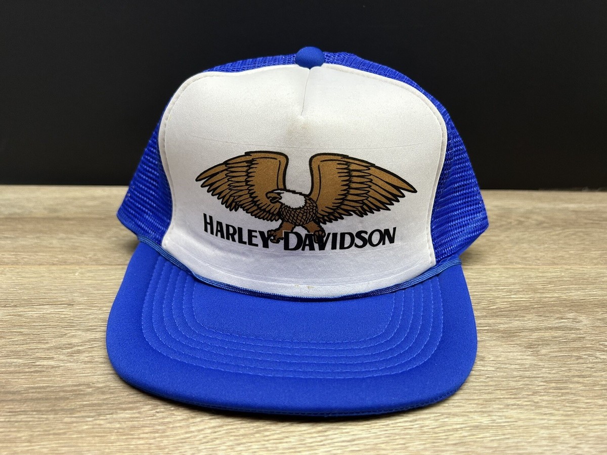 ビンテージ HARLEY DAVIDSON トラッカーキャップ イーグル 帽子 Vintage Harley Davidson Eagle Blue & White Mesh Trucker