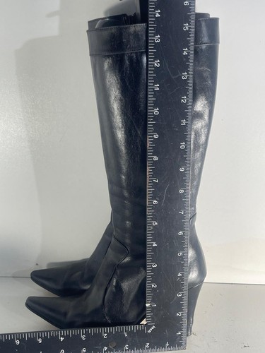 Ladies Boots Size 2.5(35) Used Black Leather Side Zip Up Knee High Boots -A10 - Picture 3 of 8