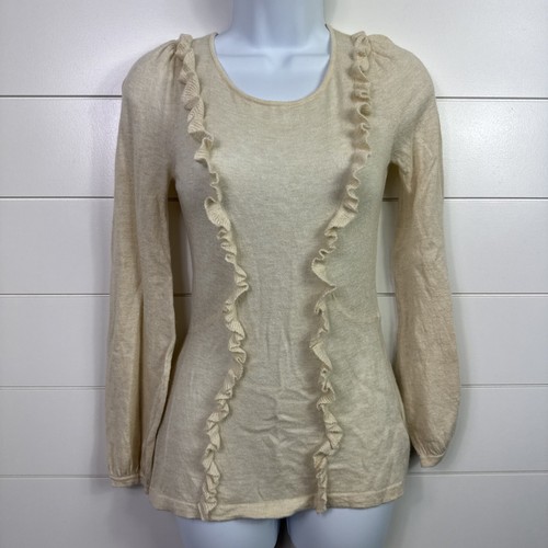 Women's Field Flower Cream Ruffle Front Lightweight Long Sleeve Sweater sz XS