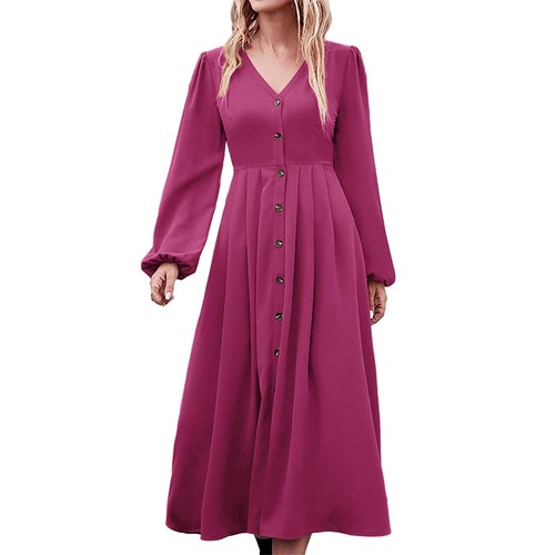 Women V Neck Button Down Long Sleeve Dress High Waist Wedding Guest Party Dress - Picture 3 of 60