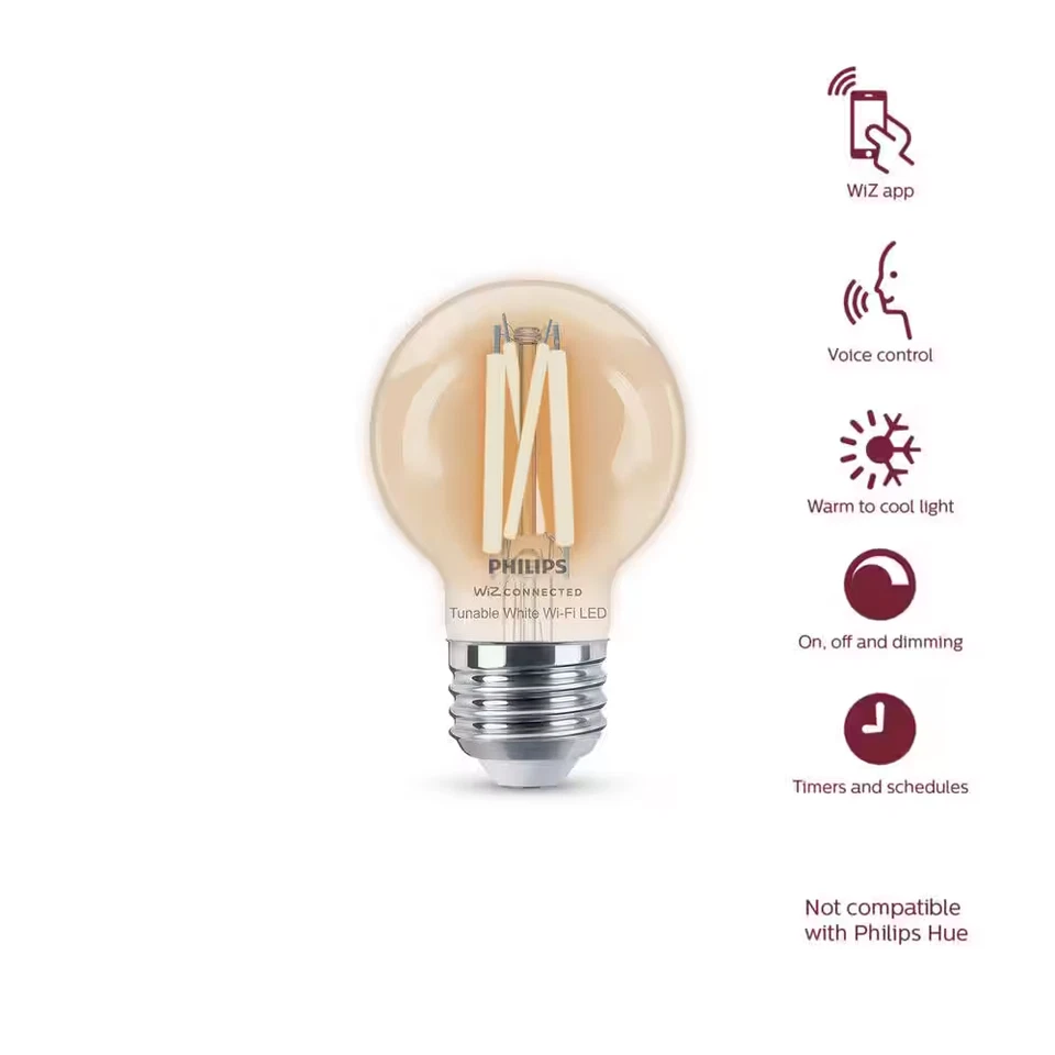 4 Pack PHILIPS WiZ G16.5 Smart LED Bulb 40W Eq Tunable White 2700K Edison - Image 3 of 4