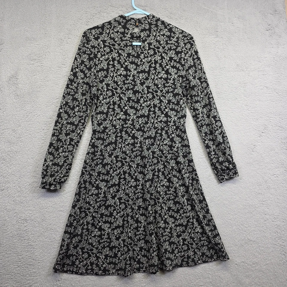 H&M Dress Womens S Black Fit n Flare Floral Mock Neck Floral Leafy Cottagecore - Image 3 of 4
