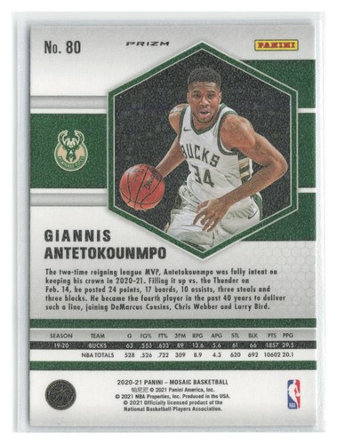 Giannis Antetokounmpo 2020-21 Panini Mosaic Mosaic SP #80-BUCKS - Picture 2 of 2