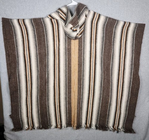 Mexikanischer Poncho Umhang mit Kapuze Handarbeit Wolle braun-hellbraun-grau-schwarz Top Zustand - Bild 6 von 14