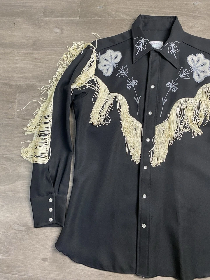 Vintage H Bar C Taos Pearl Snap Embroidered Fringed Western Shirt Size 16 Black - Image 2 of 4