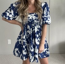 Abercrombie & Fitch Emerson Poplin Puff Sleeve Mini Dress Blue White Floral S
