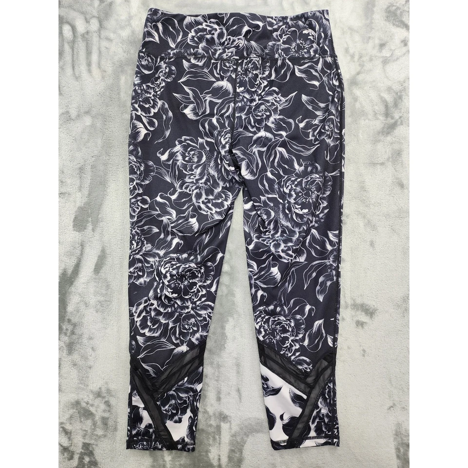 Леггинсы женские Ideology L черные белые с цветочным узором лотос с высоким подъемом сетка на лодыжку йога - Изображение 4 из 4