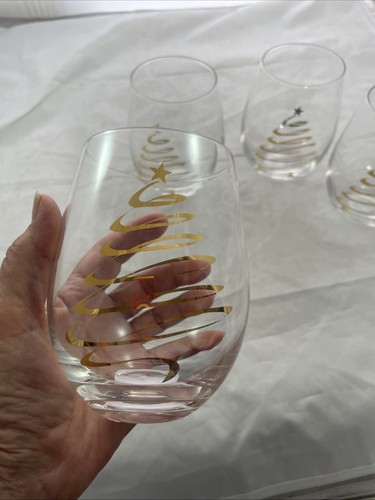 Pier 1 Stemless Glasses 18 fl. oz. Set of 4 Holiday Christmas Gold Trees NWT - Picture 6 of 7
