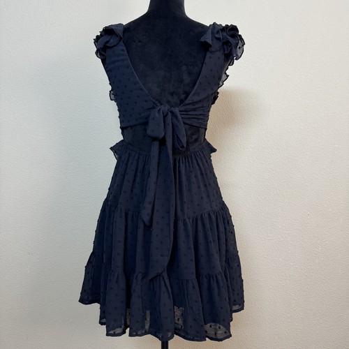NWT Trixxi dress women XS clip-dot ruffled tiered vneck lined tie back black - Picture 2 of 13