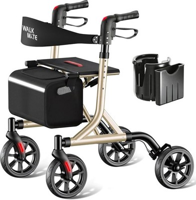 Aluminium Rollator mit Sitz - Leicht, Kompakt, Höhenverstellbar, Getränkehalter
