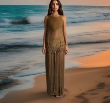 Macrame Fringe Halter Maxi Dress Sheer Festival Boho Beach Hippie Crochet Brown