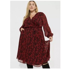 Torrid Red Black Floral Crinkle Chiffon Surplice Balloon Sleeve Midi Dress 3X