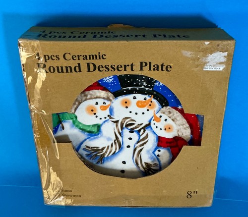 SET OF 4 SANTA SNOWMAN 8'' DIAMETER ROUND DESSERT PLATE - Picture 2 of 3