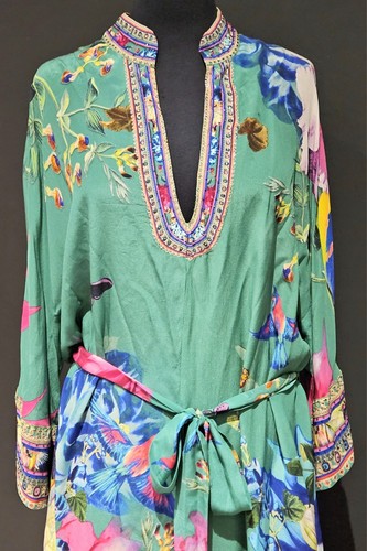 Camilla silk green maxi dress bell sleeves waist tie pockets size-L/XL preloved - Picture 3 of 10