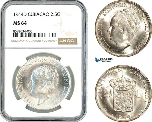 AL174, Netherlands Antilles, Curacao, Wilhelmina, 2 1/2 Gulden 1944 D, NGC MS64