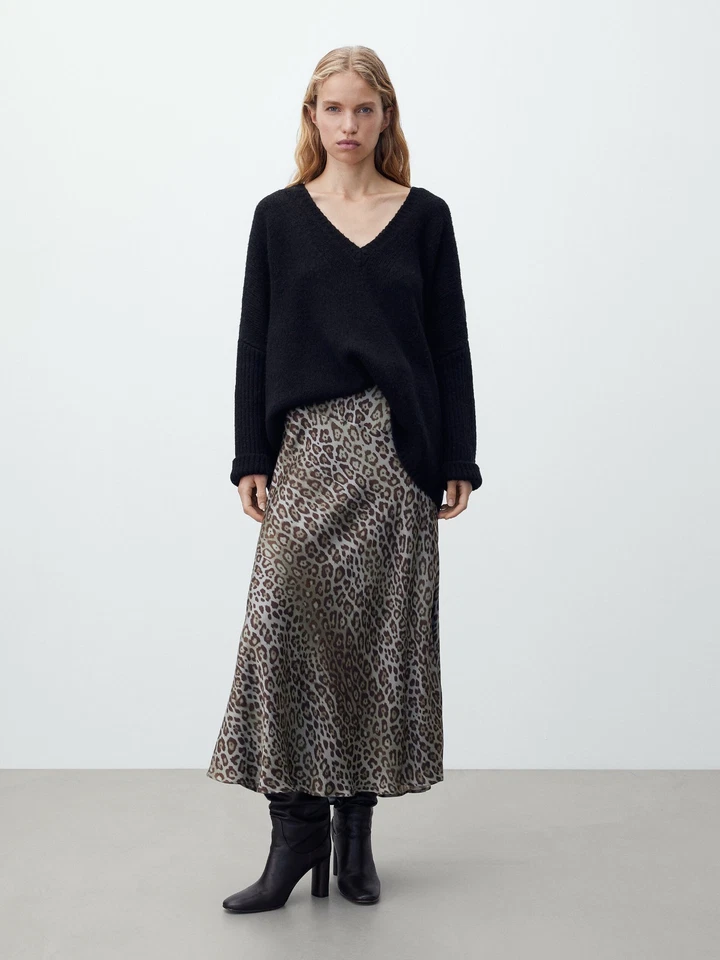 Massimo Dutti Blue Brown Animal Print Slip A-line Satin Midi Skirt K14 EU42 L - Image 3 of 4