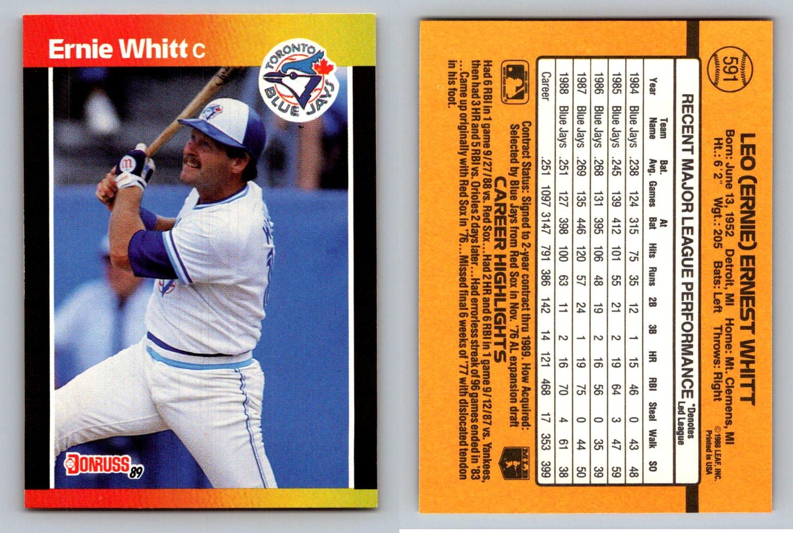 Ernie Whitt Catcher Toronto Blue Jays Donruss 1989 Card 591 Sports Memorabilia