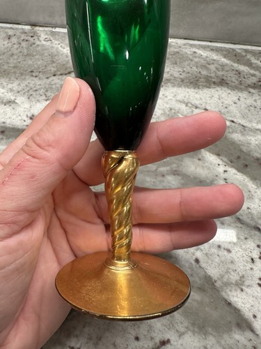 TRE FUOCHI MURANO GLASS Emerald Green & GOLD Flute Glass 6” Tall Hand Painted - Picture 9 of 12