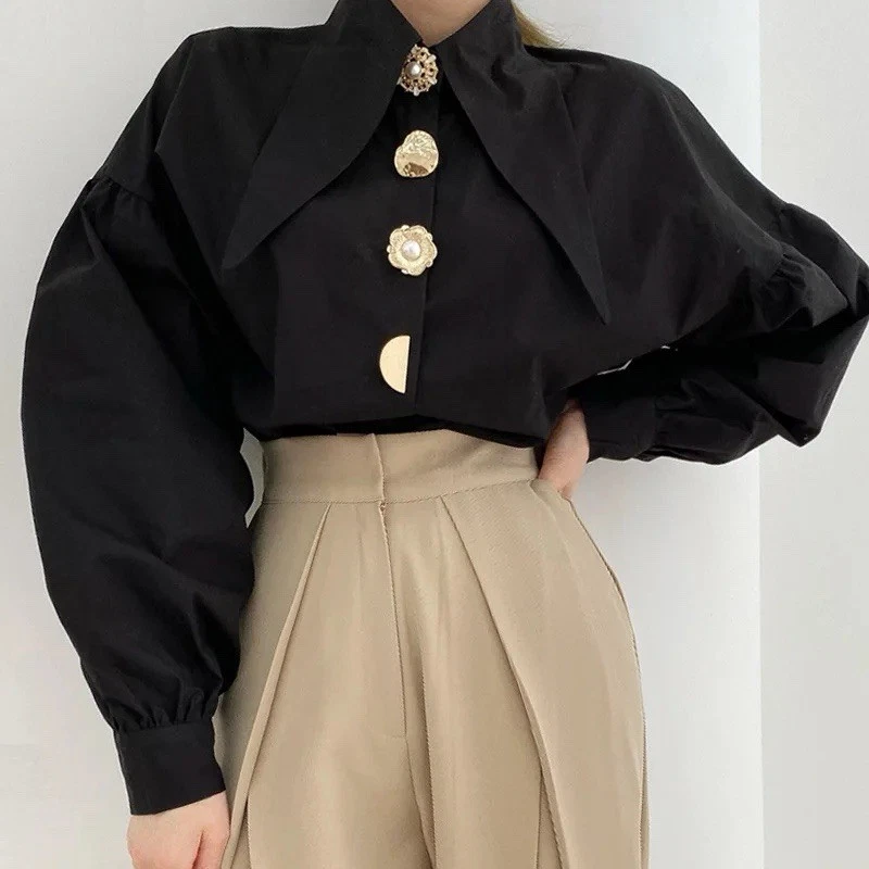 Bellamy - Statement Collar Button Detail Blouse In Black & White Sizes S To 3XL - Image 2 of 4
