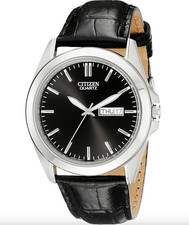 Citizen Simple Black Dial Day/Date Leather Steel Case BF0580-06E Men's Watch