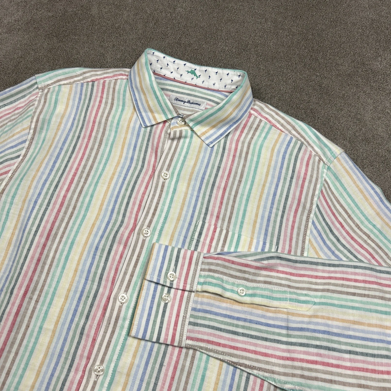 Tommy Bahama Shirt Mens Large Linen Blend Button Up Striped Long Sleeve Sorona