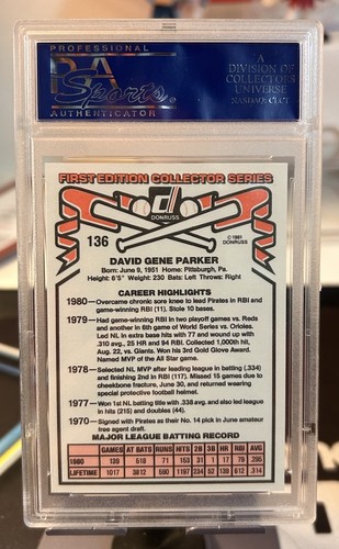 1981 Donruss #136 Dave Parker PSA 10 PIRATES HOF - Picture 2 of 2