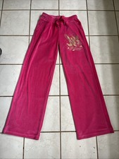 ED HARDY Bright Pink Velour Velvet Bling Drawstring Wide Leg Sweat Pants Sz XS