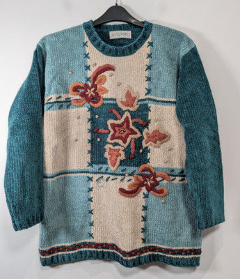 Unique By Nature Pullover Damen XL blau Blumen Patchwork Vintage 90er Cottagecore