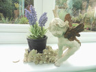 Vintage Stone Cherub Angel Plant Holder. Cream Body Gold Wings/Sash